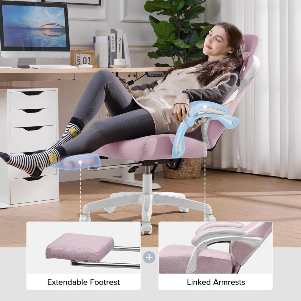 Sedia da gaming, ergonomica, da scrivania, con superficie in tessuto, cuscino a molla, braccioli di collegamento e poggiapiedi, bianco-rosa