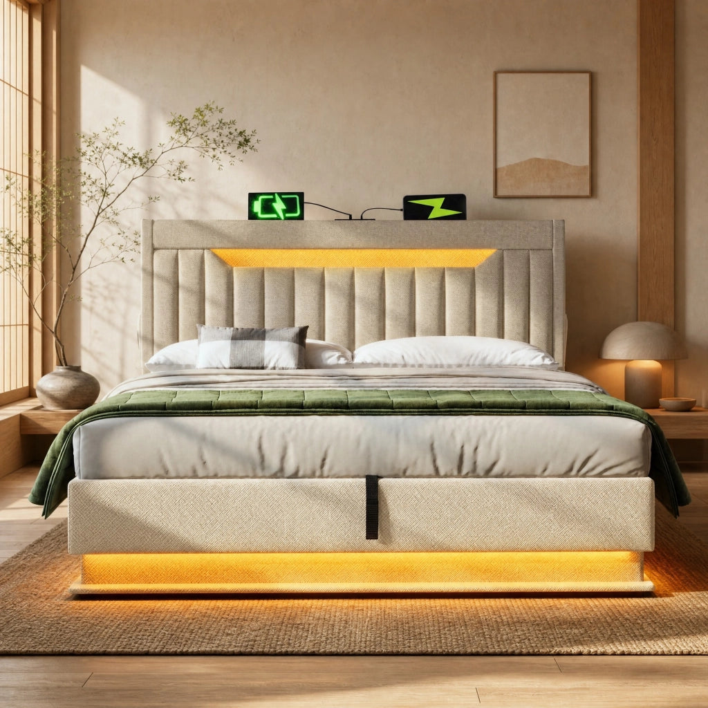 Letto matrimoniale 140x200 cm con contenitore; LED; USB e Type-C; beige in lino