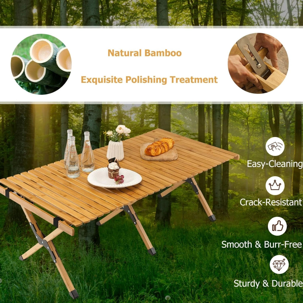 Tavolo Pieghevole da Esterno, Tavolo da Picnic da Campeggio in Bambù, per 4-6 Persone, Tavolo Portatile con una Borsa, la Portata di 50kg, 122 x 60 x 43,5cm (Yellow)