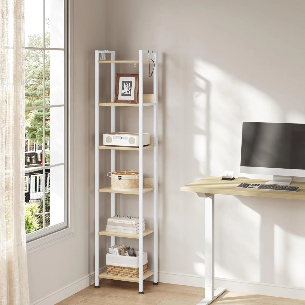 Libreria a 6 Ripiani, Scaffale con 4 Ganci Industriale, Scaffale a Scala in MDF e Metallo per Soggiorno, Cucina, Studio, Ufficio,Bianco,40x30x187cm RGB931hov