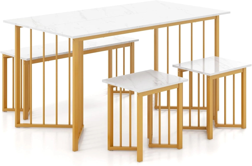 Tavolo da pranzo con panca e 2 sgabelli, tavolo da cucina con sedie, set da pranzo con gambe in metallo dorato, marmo artificiale, set da pranzo moderno per 4 persone