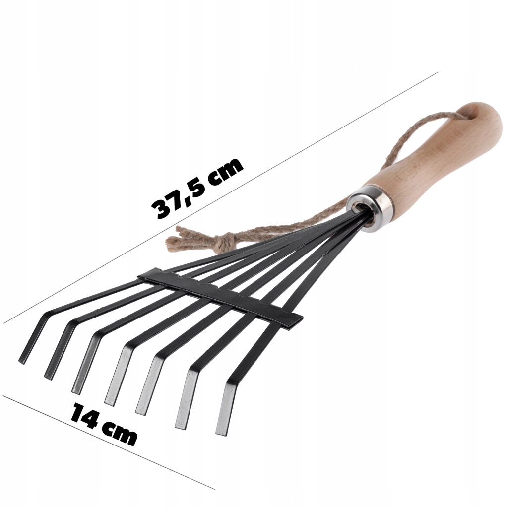 Rastrello da giardino in metallo KADAX, piccolo, 37 cm, con manico in legno a forma di ventaglio.