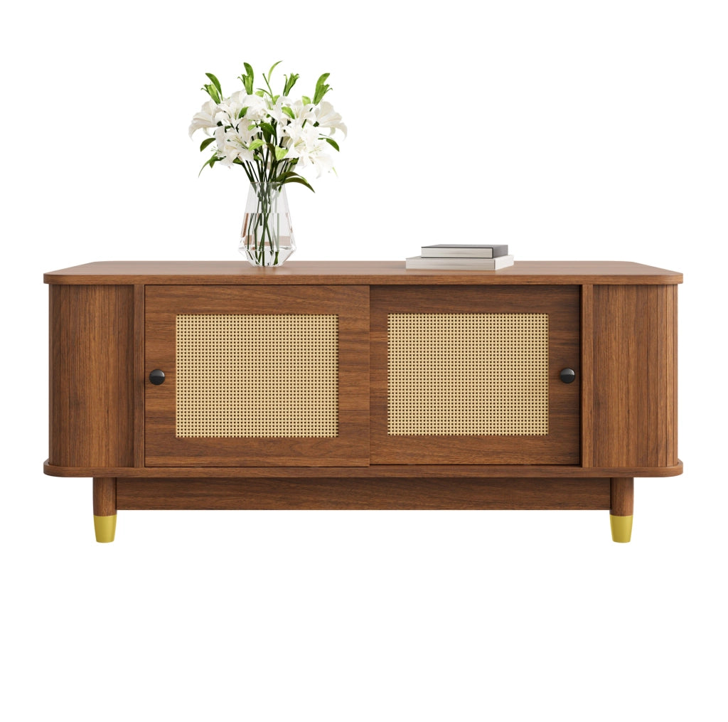 Tavolino da salotto con porte scorrevoli in rattan; vano contenitore; MDF; noce