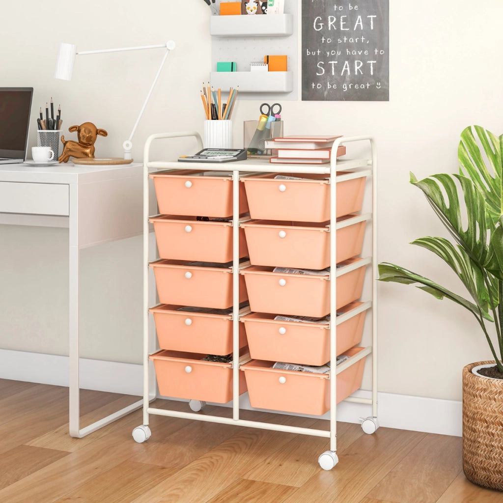 Carrello a 10 cassetti multiuso con ruote, Organizzatore per carta da scrapbooking e utensili da ufficio Oro rosa-Armadi da ufficio