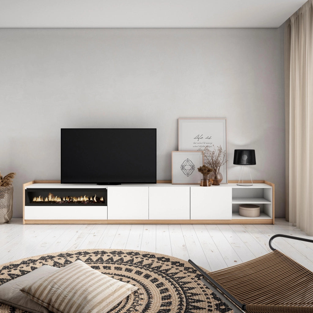 Mobile TV Soggiorno, 310x50x37 cm, Per TV fino a 80", Camino elettrico, Bianco e Rovere soft
