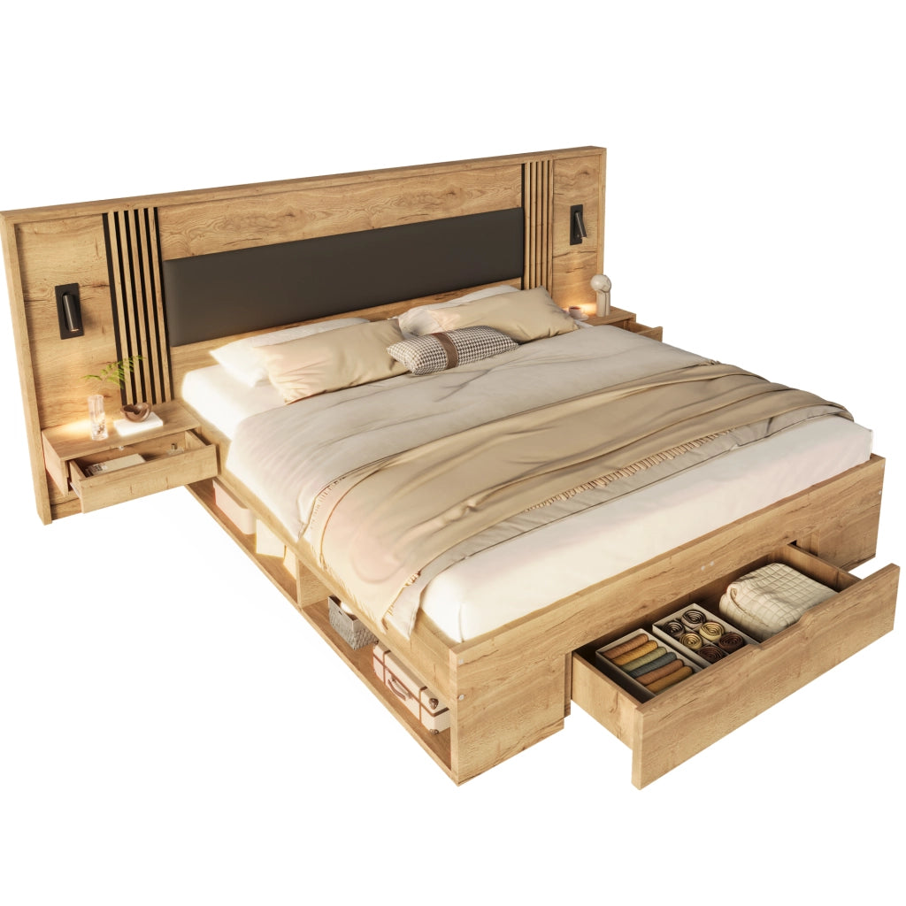 Letto matrimoniale 180x200 cm con contenitore; 2 comodini; luci orientabili; MDF; naturale