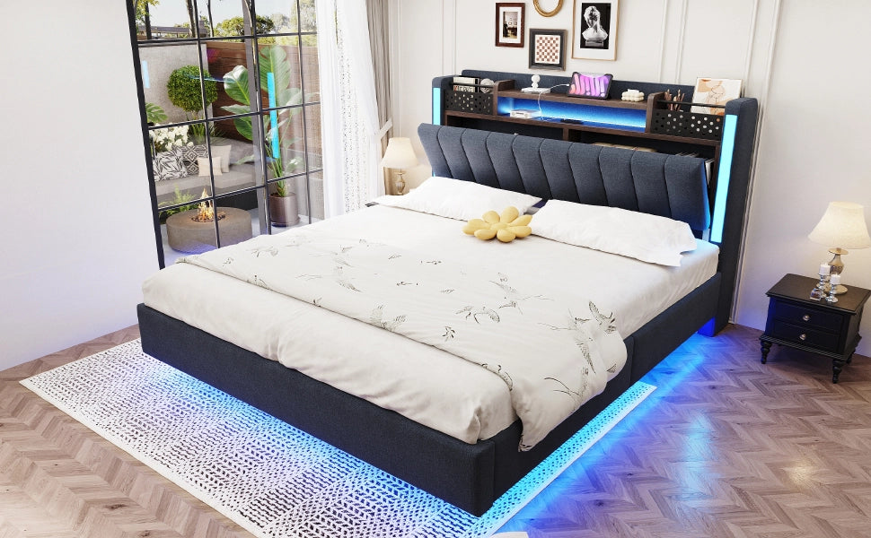 Letto 140 x 200 cm con testiera contenitore, LED e USB, 2 cassetti, lino grigio, 250 kg