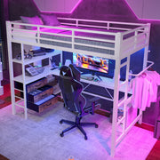 Letto a soppalco 90x200 cm con scrivania; LED; USB; 3 cassetti e ripiani in metallo; bianco