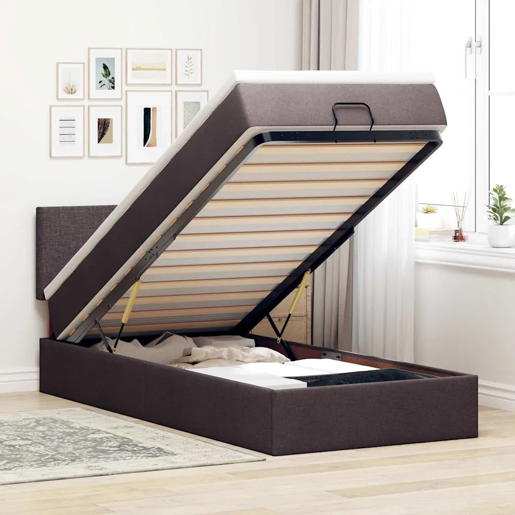 Pouf Letto con Materasso e LED Marrone Scuro 90x200 cm Tessuto 3312197