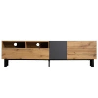 Mobile TV Moderno Colorblocking con Venature in Legno e Superficie Lucida, Design Irregolare, Senza Maniglia, Rovere + Antracite, Nero