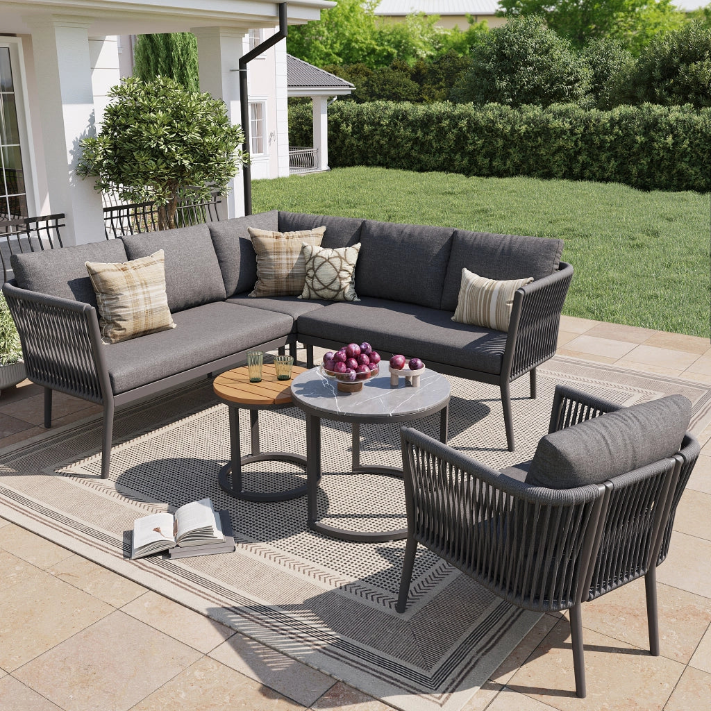 OKWISH Set da 6 Pezzi da Giardino con 2 Divani, 1 Poltrona, 1 Divano Angolare e 2 Tavoli, Metallo Olefin Grigio