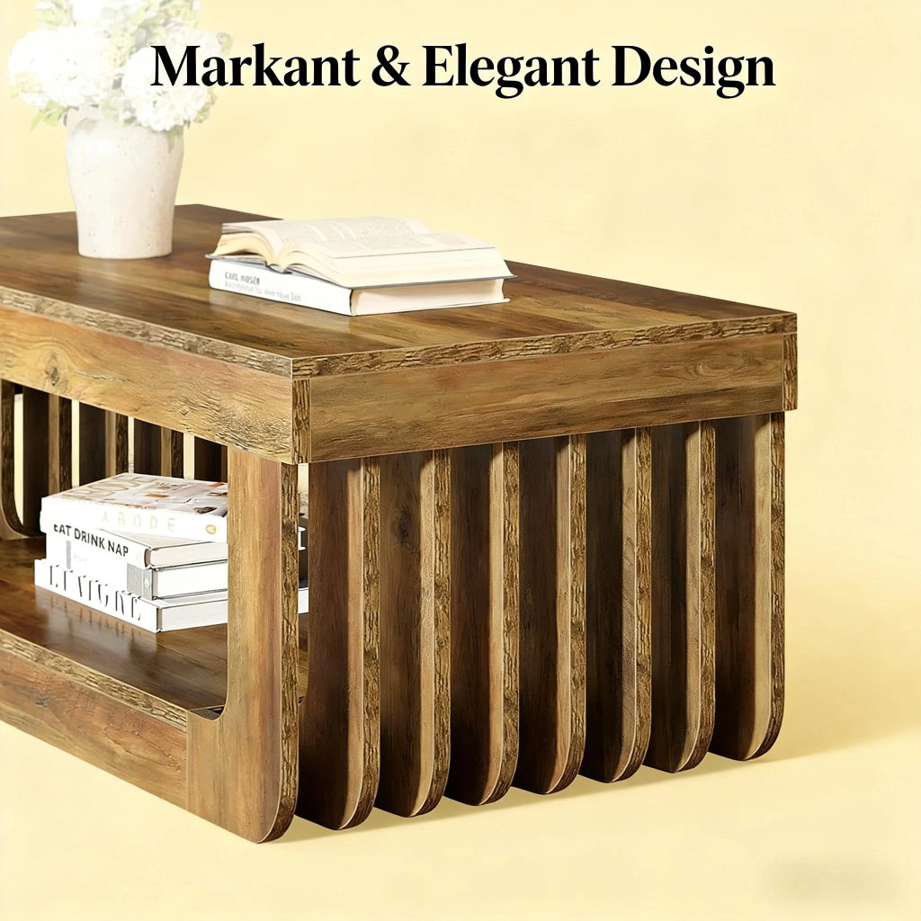 Tavolino basso con ripiano inferiore e vani aperti, stile rustico, per soggiorno, in MDF marrone, 120 × 60 × 45 cm
