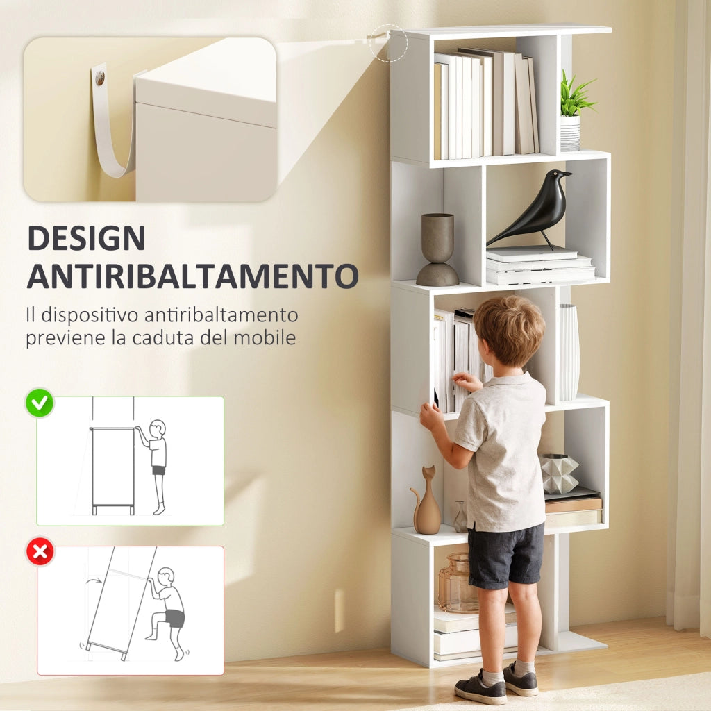 Libreria in Legno a 5 Ripiani con Divisorio ¨C zephmum ¨C Bianco 60x24x184.5 cm