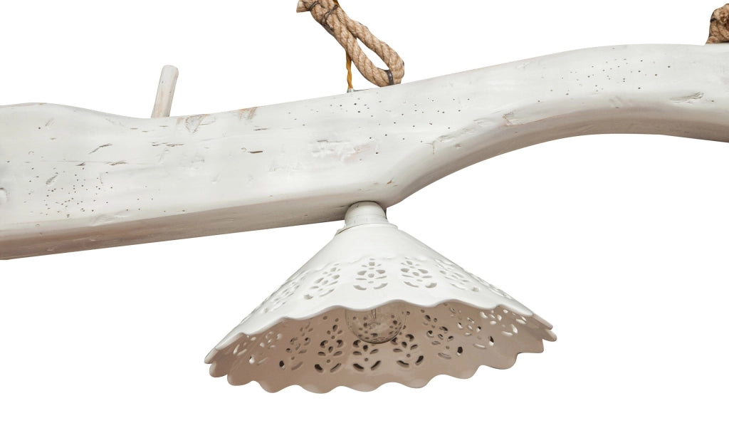 Biscottini Giogo lampadario in legno massello di tiglio finitura bianca anticata Made in Italy