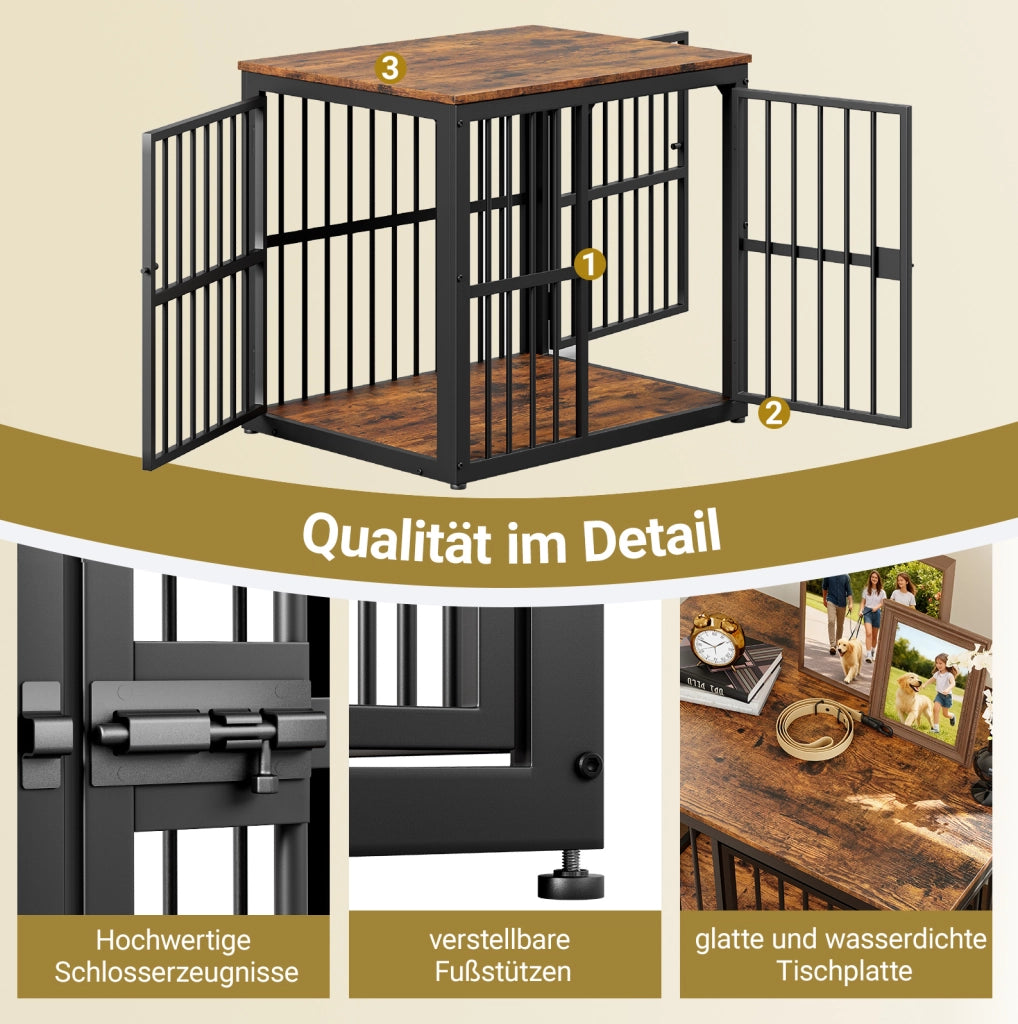 Gabbia per Cani Mobile 68,4×53×61 cm con 3 Porte, Tavolino Nero e Marrone