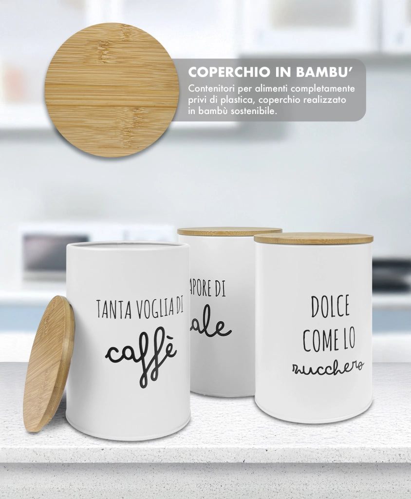 Contenitori Certificati Contatto Alimentare Contenitore Sale Zucchero Caffè Moderne Scritte Barattolo Con Coperchio Ermetico Legno Bambù Dispenser Organizzatori Alimenti Spezie Bianco Nuovo