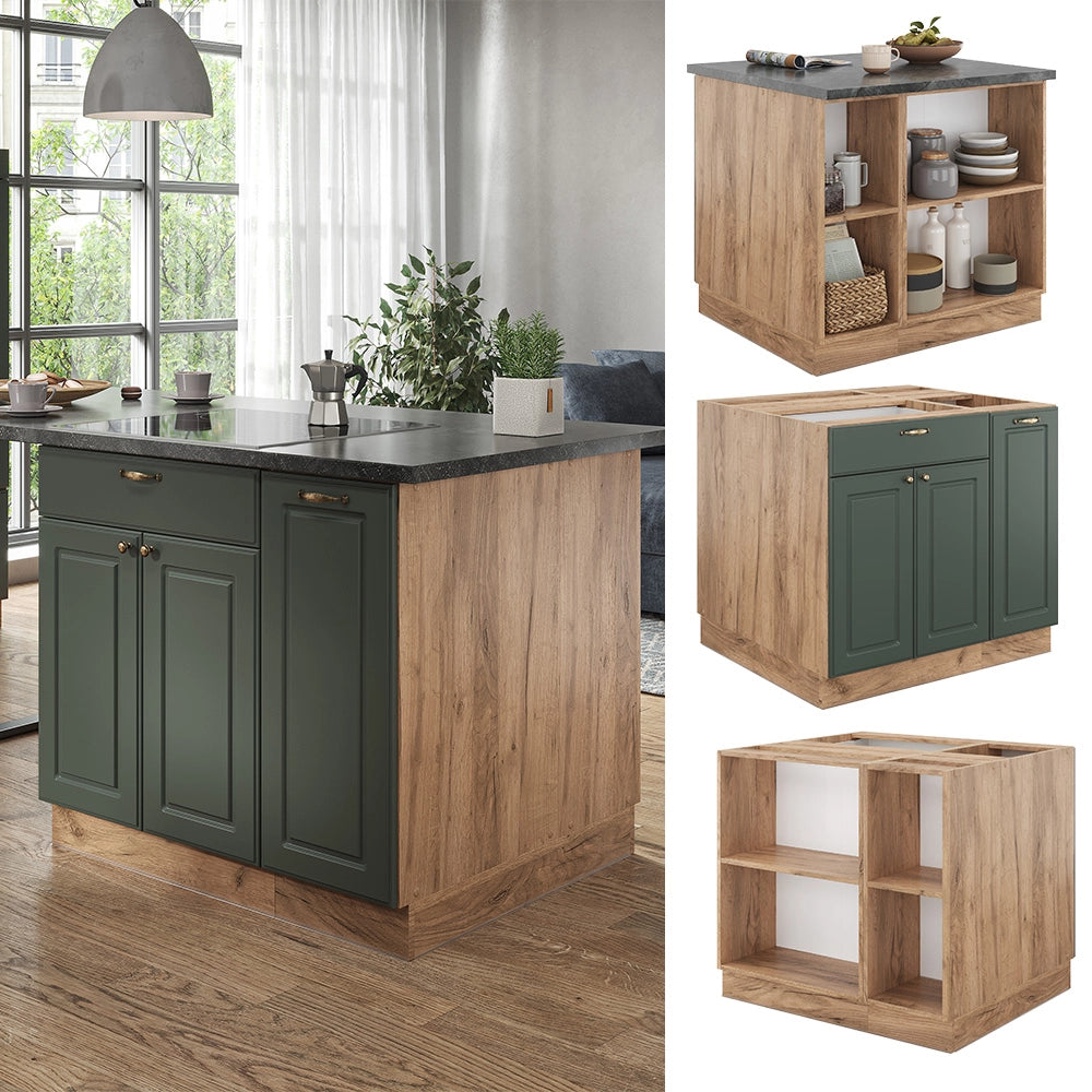 Isola cucina Fame-Line Verde-oro rustico/Rovere dorato 90 cm con cassetto, senza piano di lavoro Vicco