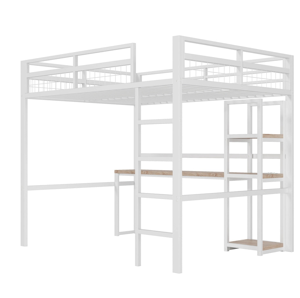 Letto a soppalco 140x200 cm con scrivania; scaffali e presa USB Type-C in metallo