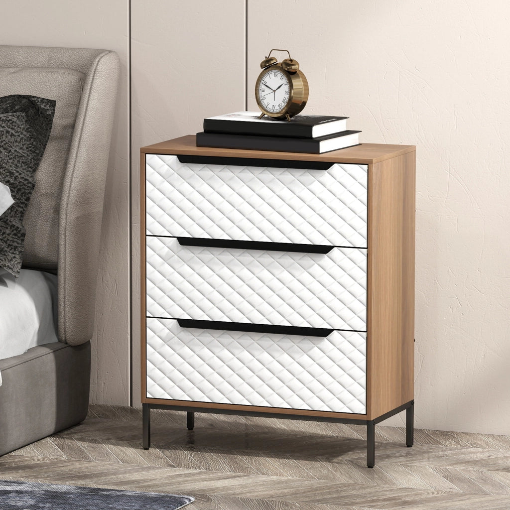 Com¨° con 3 Cassetti in Tessuto Effetto Diamantato ¨C Zephmum ¨C Bianco e Naturale 60x40x40