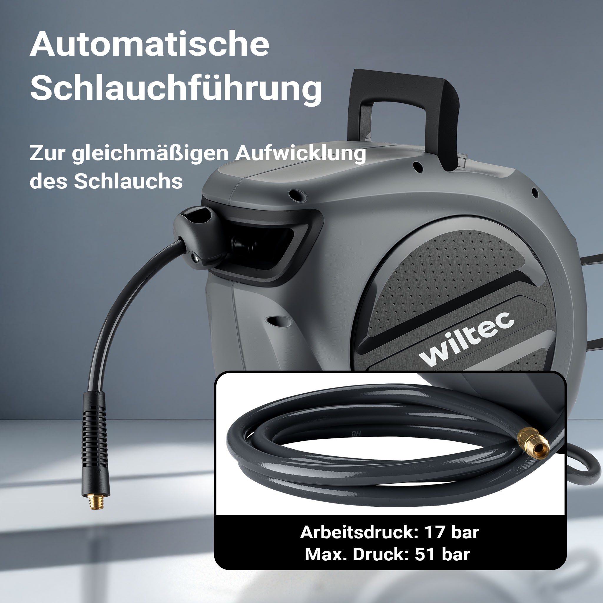 Avvolgitubo automatico per aria compressa 20 m, avvolgitubo in acciaio, 17 bar, con supporto girevole a 180°