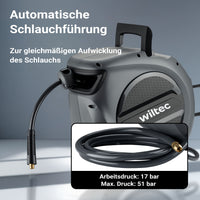 Avvolgitubo automatico per aria compressa 20 m, avvolgitubo in acciaio, 17 bar, con supporto girevole a 180°