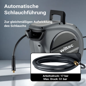 Avvolgitubo automatico per aria compressa 20 m, avvolgitubo in acciaio, 17 bar, con supporto girevole a 180°