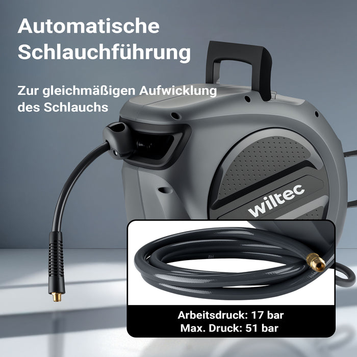 Avvolgitubo automatico per aria compressa 20 m, avvolgitubo in acciaio, 17 bar, con supporto girevole a 180°