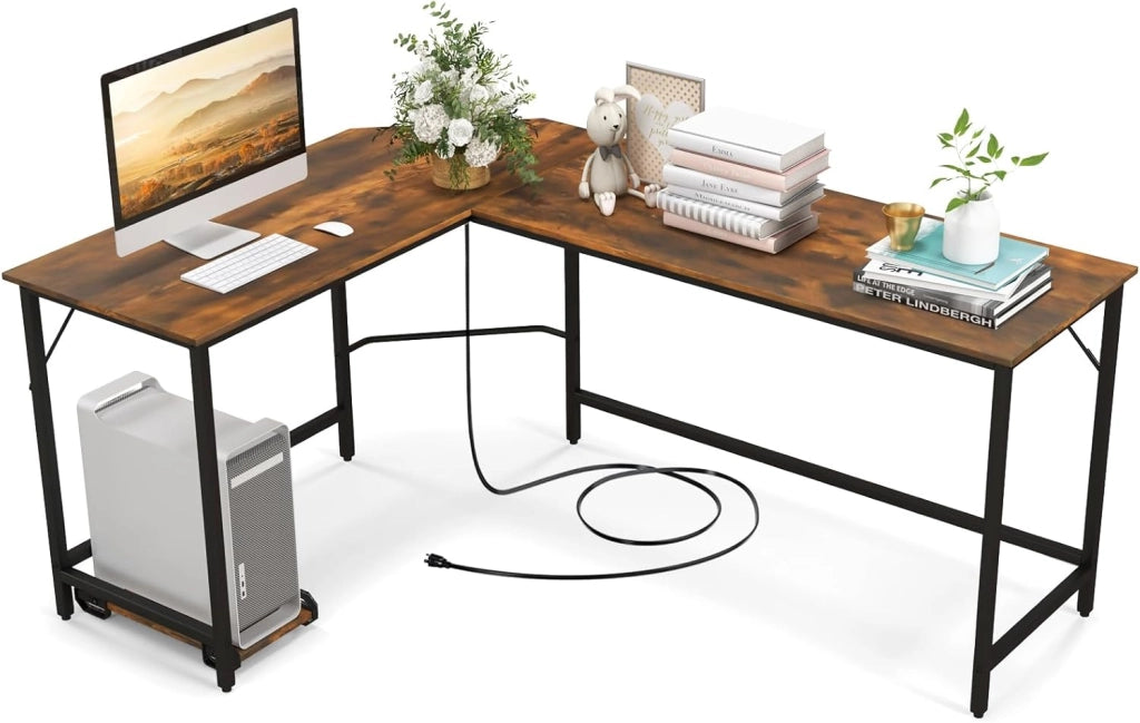 Scrivania angolare per computer, scrivania per computer a forma di L con prese di corrente, supporto per computer, scrivania con porte USB, design poco ingombrante (marrone)