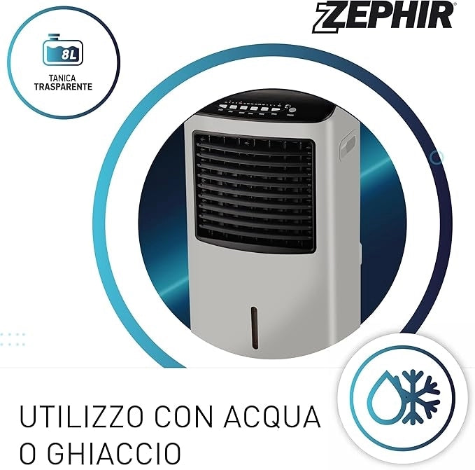 Zephir Raffrescatore Ad Acqua ZAIR03 – 8L, 3 Modalità, Display LED, 400 m³/h, Tanica Trasparente, per Interni ed Esterni