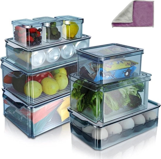 Organizzatore del frigorifero, set da 9 pezzi, contenitore in vetro trasparente, ripiegabile con coperchio, organizzatore del frigorifero con maniglie per cucina, armadio, sala da pranzo, ufficio