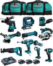 MAKITA Kit MK1002 (DHP481 + DHR243 + DGA504 + DTD152 + DJV182 + DSS610 + DJR186 + DBO180 + DTM51 + DML802 + 3 Batterie 5,0 Ah + Caricabatterie + 2 x LXT600)