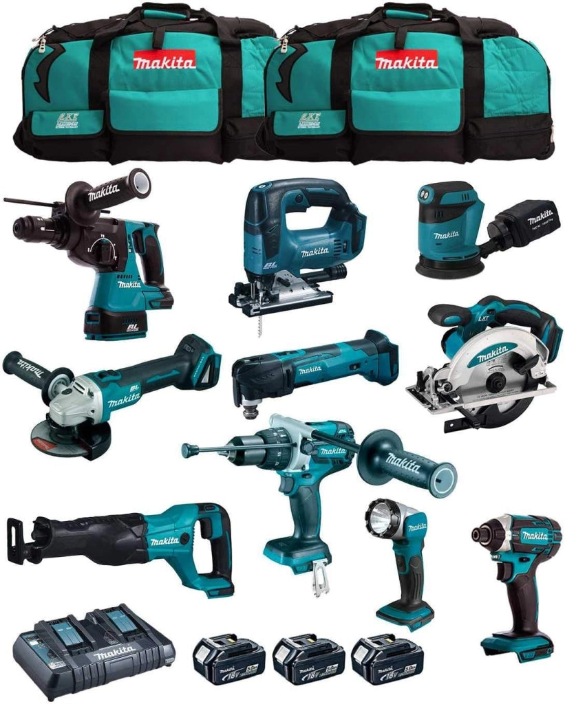 MAKITA Kit MK1002 (DHP481 + DHR243 + DGA504 + DTD152 + DJV182 + DSS610 + DJR186 + DBO180 + DTM51 + DML802 + 3 Batterie 5,0 Ah + Caricabatterie + 2 x LXT600)