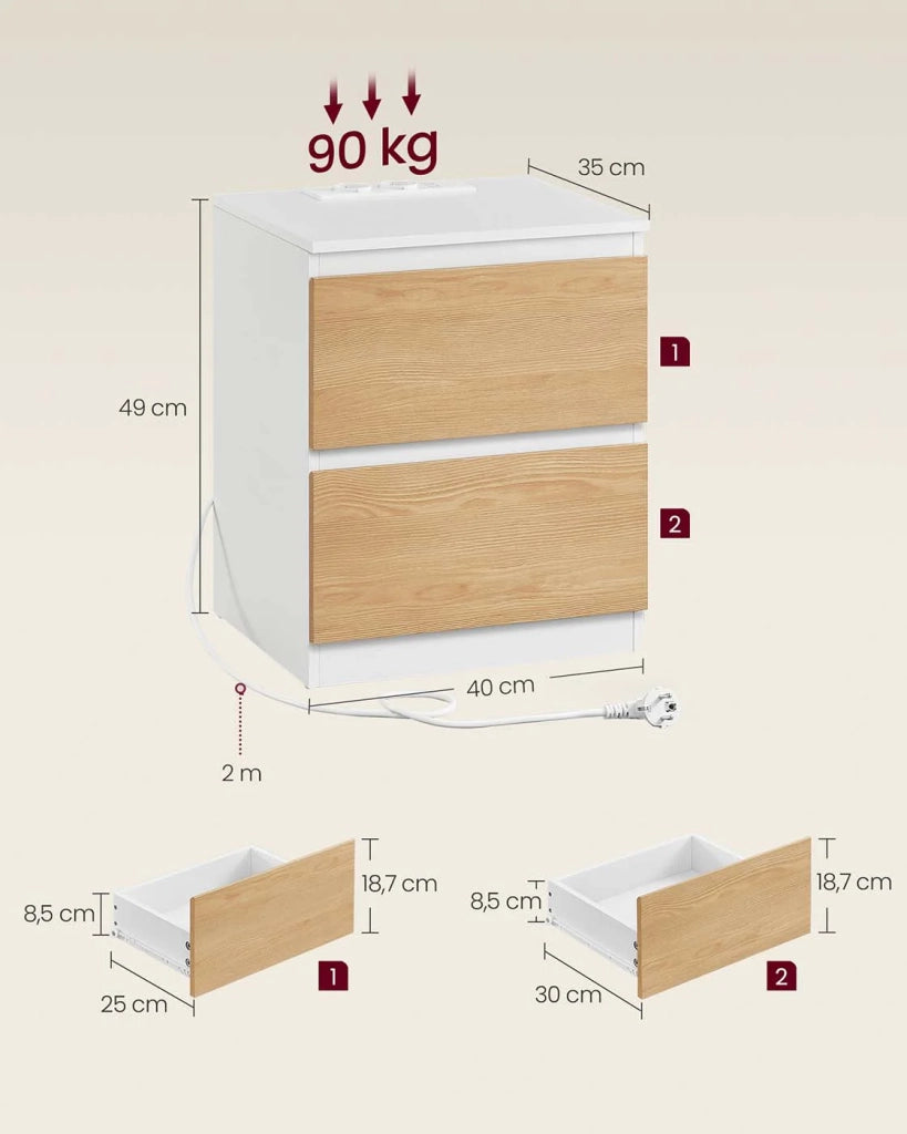 Comodino con multipresa tavolino con 2 cassetti 2 prese CA 2 porte USB-A per soggiorno camera da letto ufficio moderno beige 12_0007608