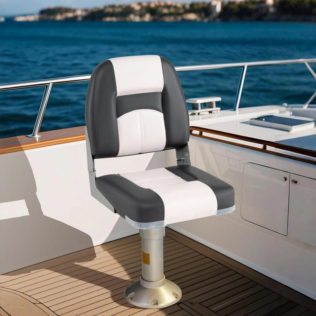 Set di 2 Sedie da Barca, Sedili Alti da Barca Pieghevole Morbide Imbottite Spesse, Sedile Nautica Ergonomico per Imbarcazioni da Pesca, 42 x 49 x 51 cm, Grigio e Bianco