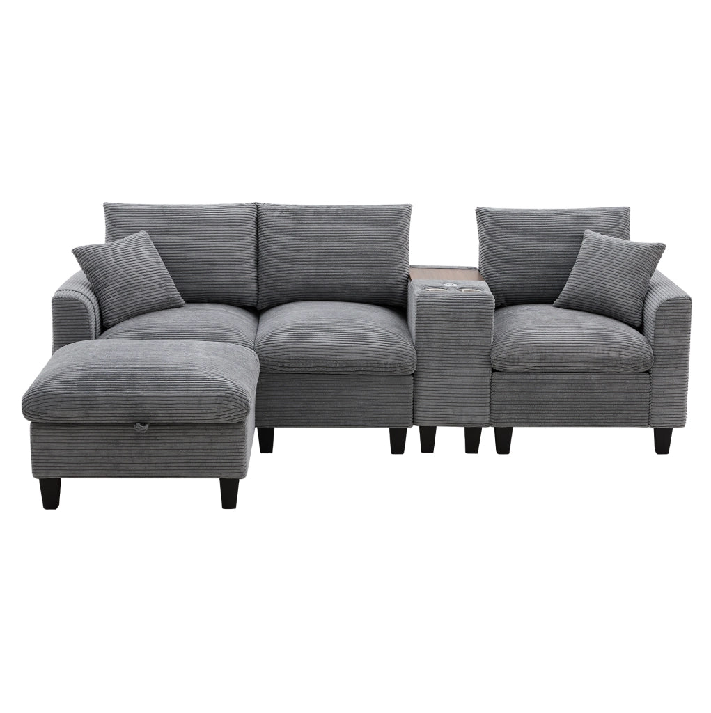 Divano angolare ULEVR 229x149,5 cm con pouf contenitore, console USB e 2 portabicchieri, velluto a coste grigio