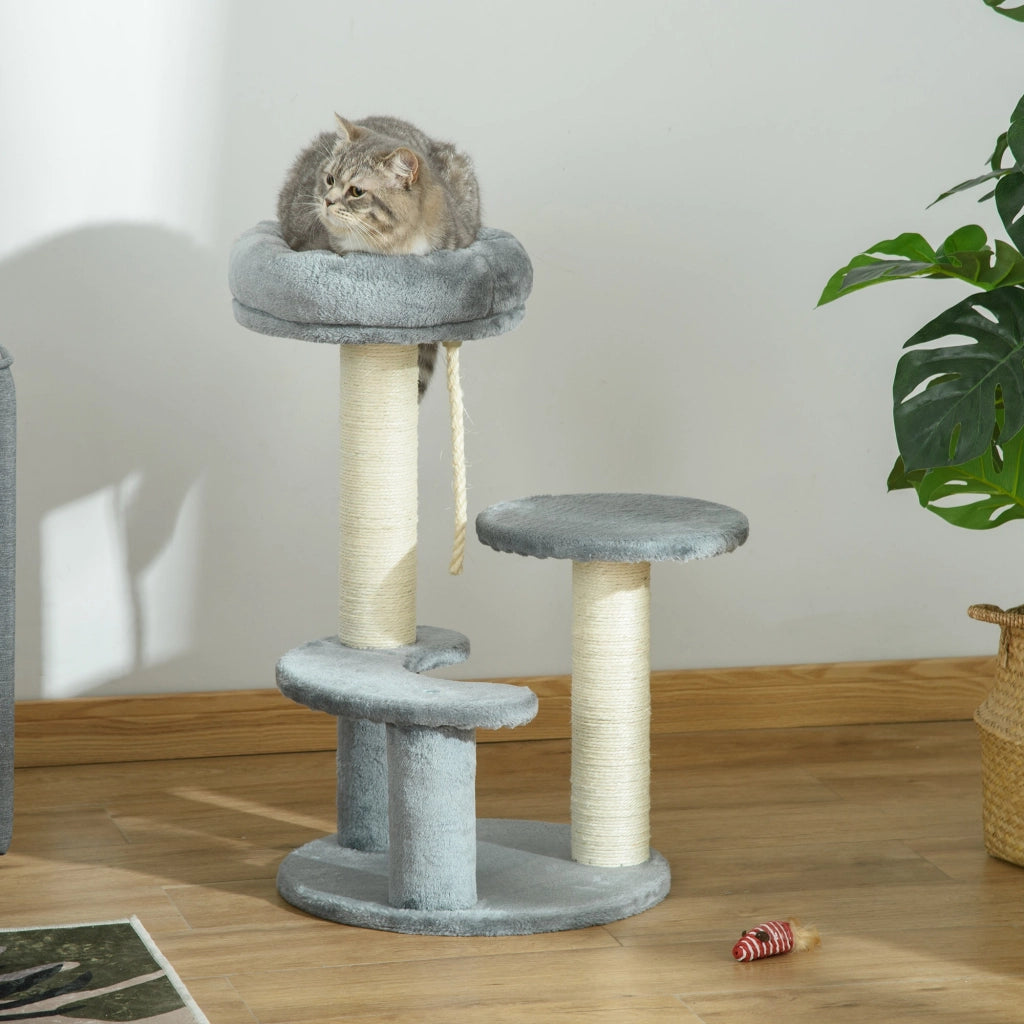 EasyComfort Albero Tiragraffi per Gatti a 3 Livelli con Piattaforme, Lettino e Pali in Sisal, Torre per Gatti con Rivestimento in Peluche, Ø40x65 cm, Grigio