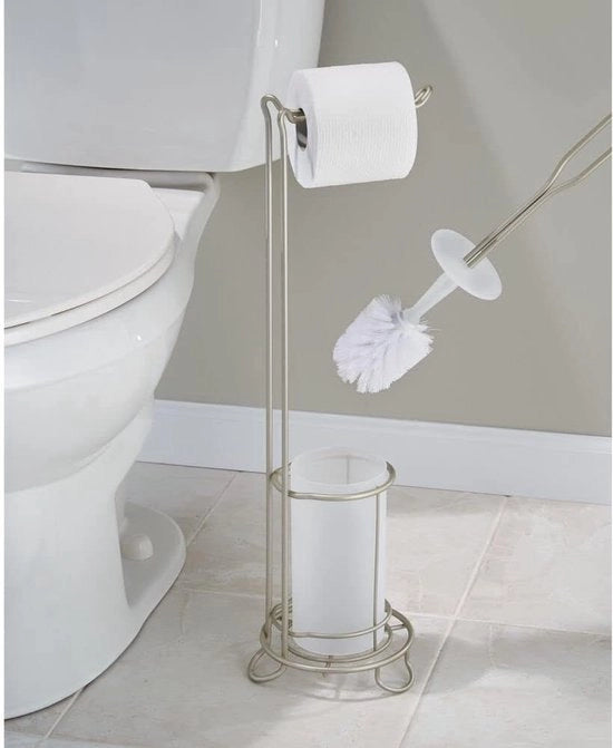 Sostegno per carta igienica con spazzola per il water con fissaggio senza foratura – supporto per rotoli di carta igienica autonomo con spazzola per il water integrata – set per il water 2 in 1 in piedi – finitura argento