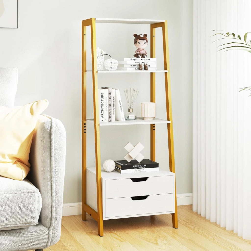 Scaffale a Scala, Ripiano di Stoccaggio Alto 134 cm con 4 Ripiani Aperti e 2 Cassetti, Scaffale Moderno con Struttura in Metallo, Scaffale per Soggiorno, Cucina, Sala da Pranzo (Marrone)