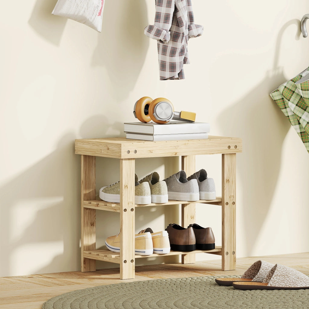 Panca Scarpiera in Bamb¨´ con 2 Ripiani ¨C zephmum ¨C Naturale 50x28x45cm