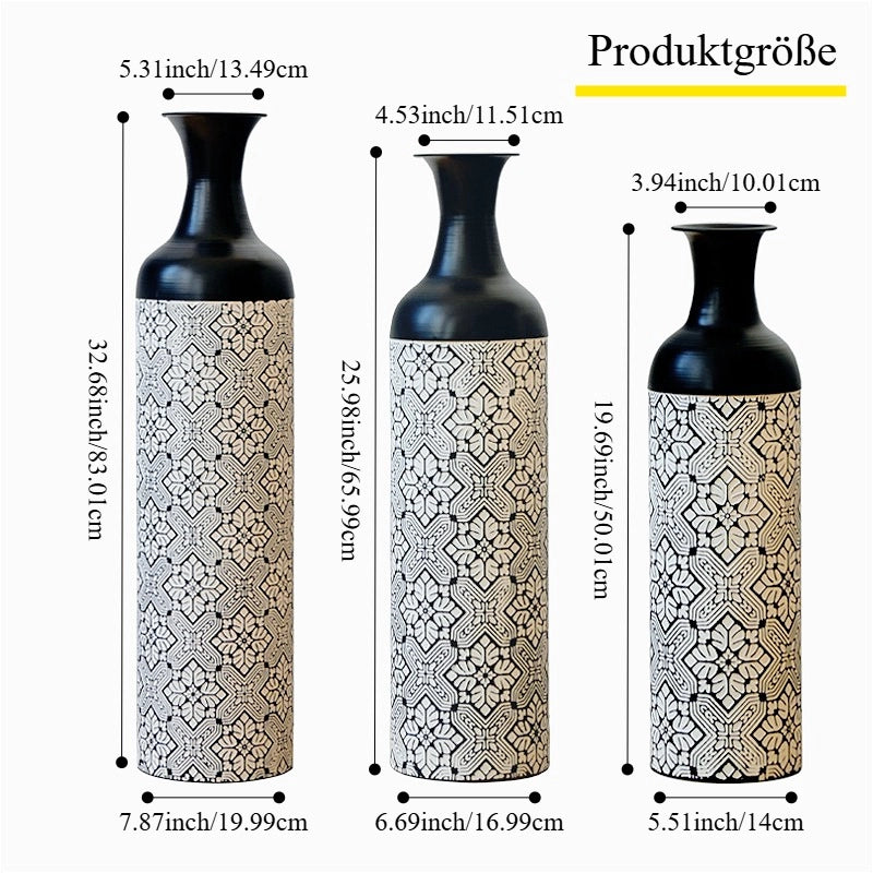 Vaso da pavimento in metallo con motivo geometrico bianco e nero, set di 3 pezzi impilabili 83 65 50 cm