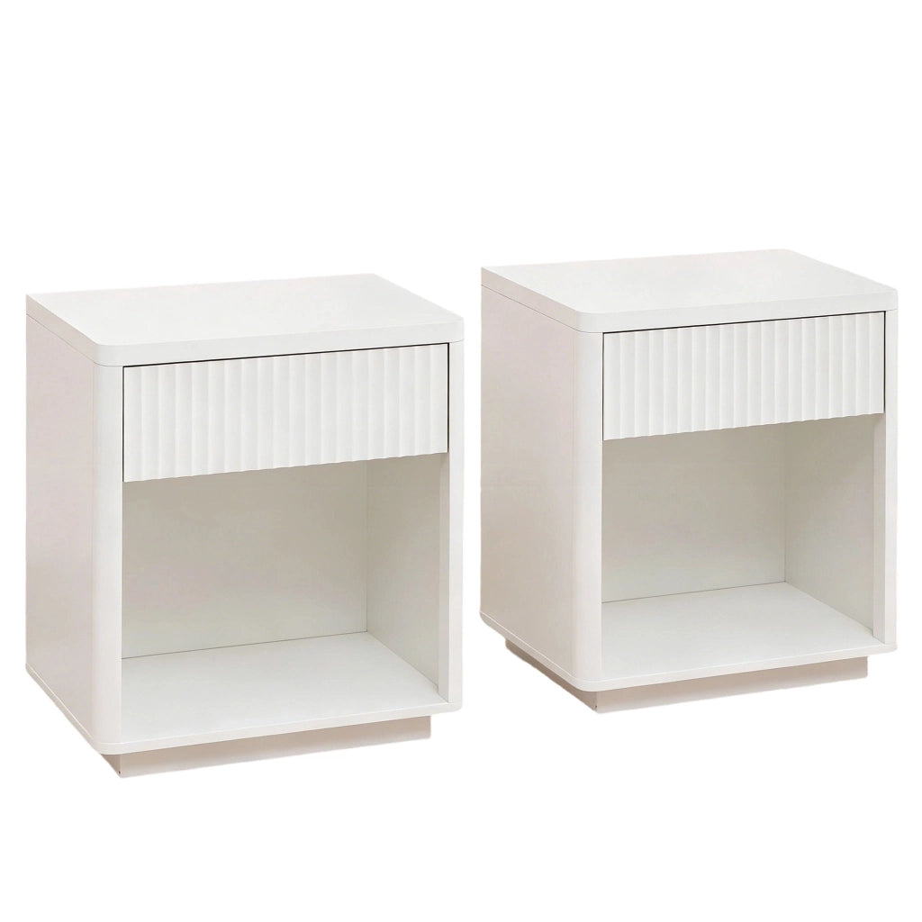 Comodino moderno con cassetto e ripiano aperto, design a onde, in MDF bianco