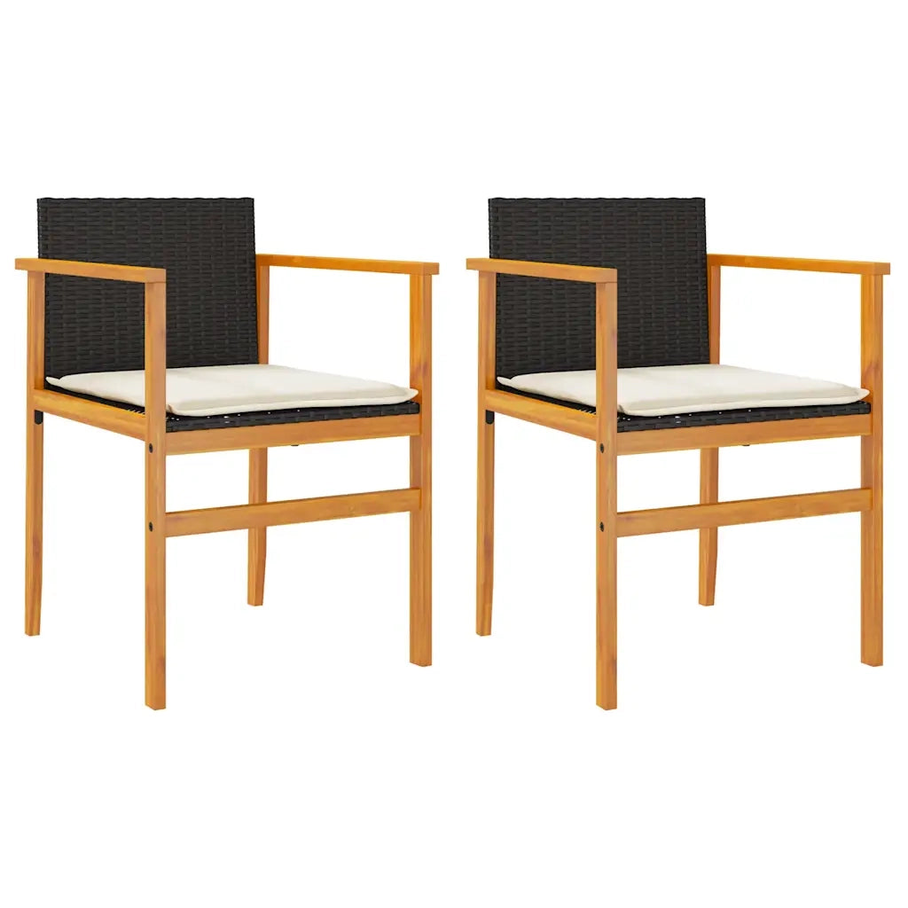 Sedie Giardino con Cuscini 2 pz | Sedie da Esterno Nere Polyrattan e Legno Massello