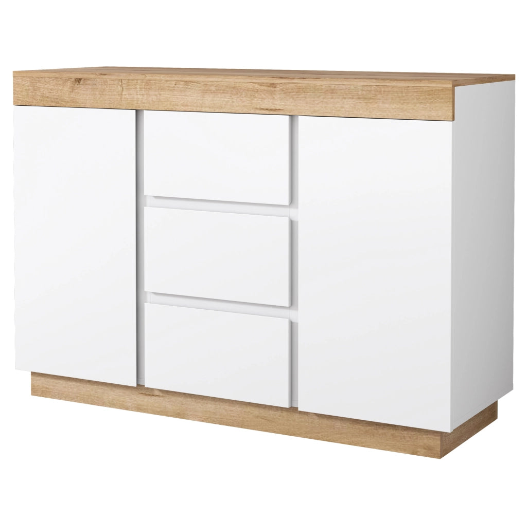 Cassettiera con 3 cassetti e 2 ante; bianco e rovere