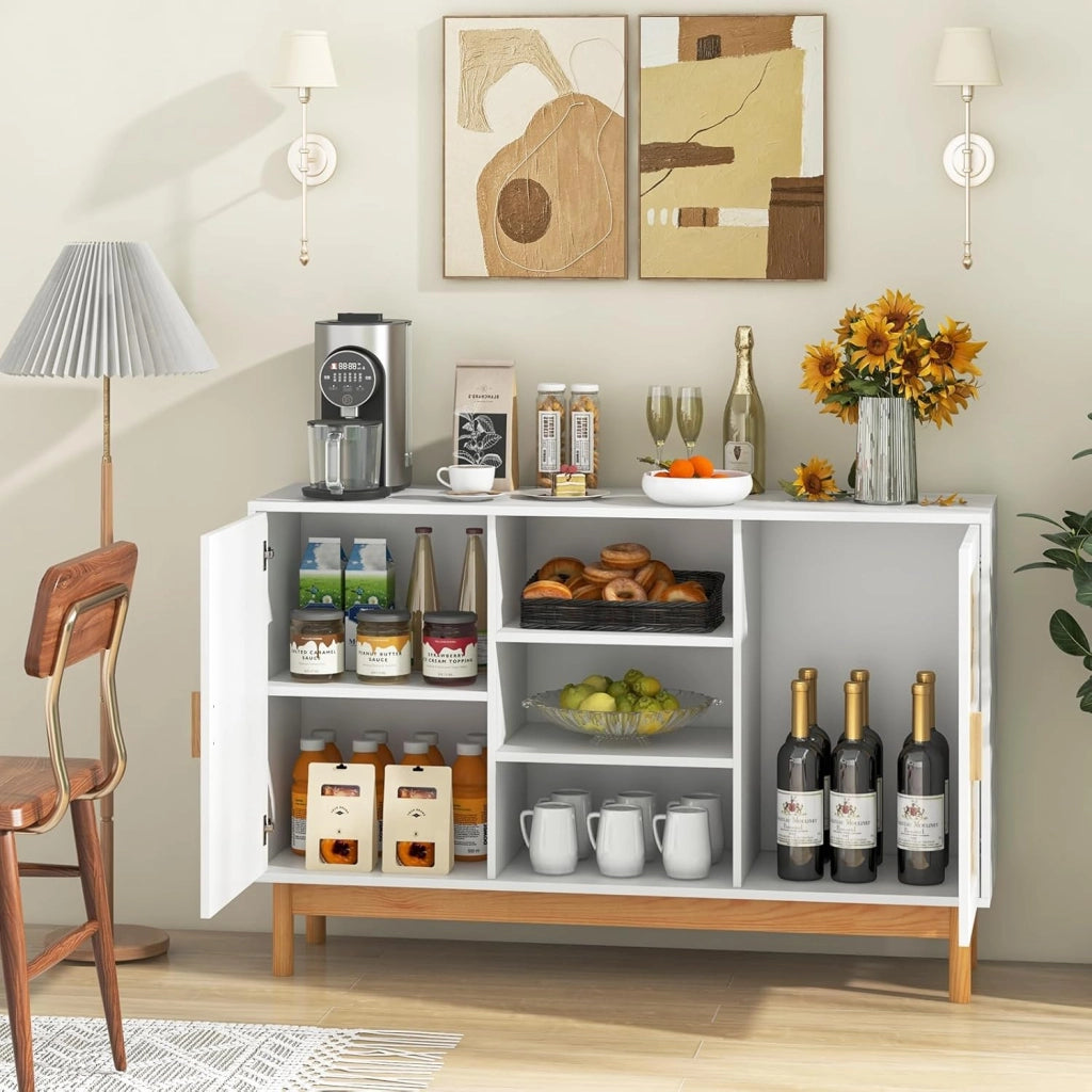 Credenza a buffet con ante in tessuto di bambù, armadio da cucina con 3 ripiani aperti, mobile di stoccaggio con dispositivo antiribaltamento, mobile TV per soggiorno, 120 x 35 x 78 cm