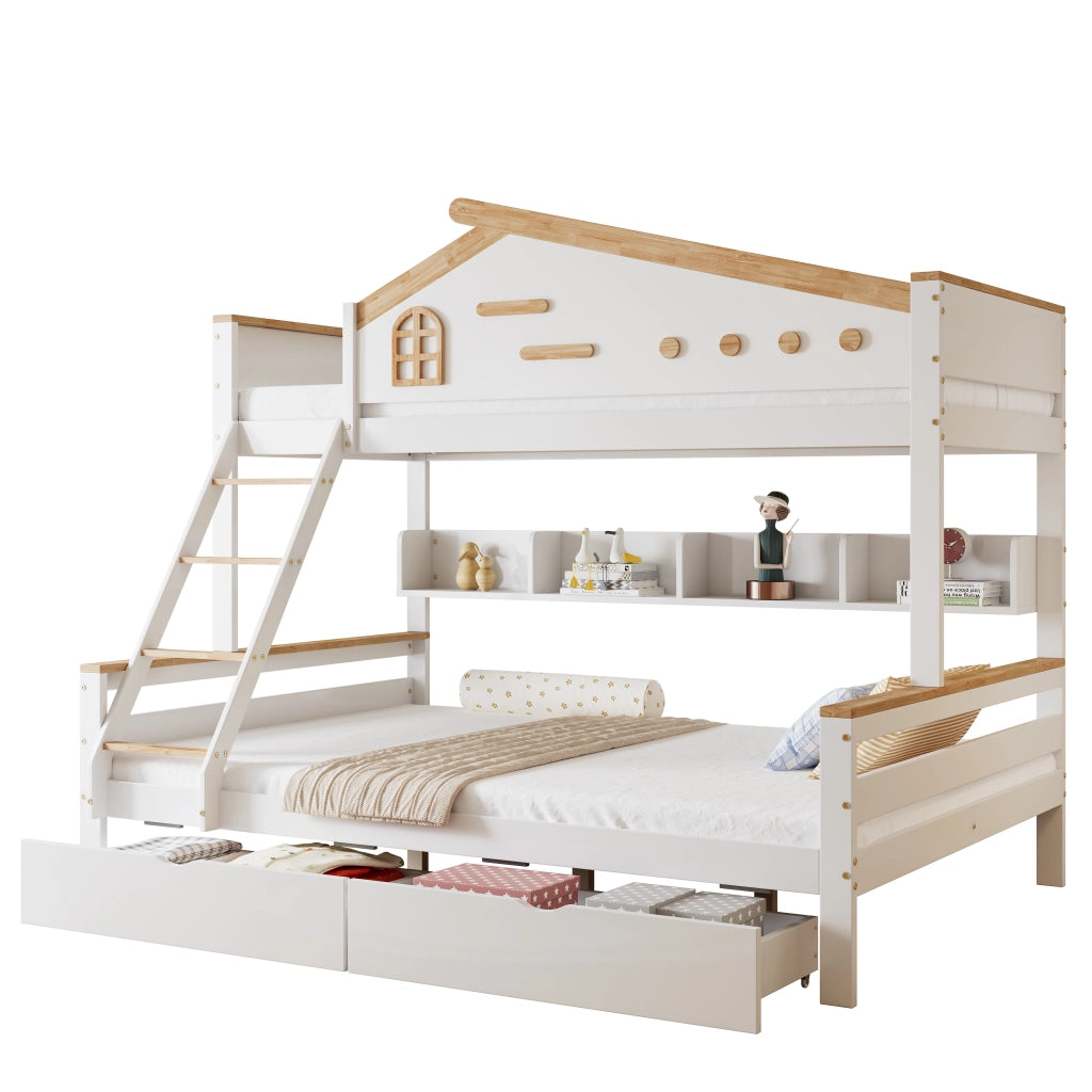 Letto a Castello Letto per Bambini 90x200 cm e 140x200 cm; 2 Cassetti; Mensole e Scala inclinata