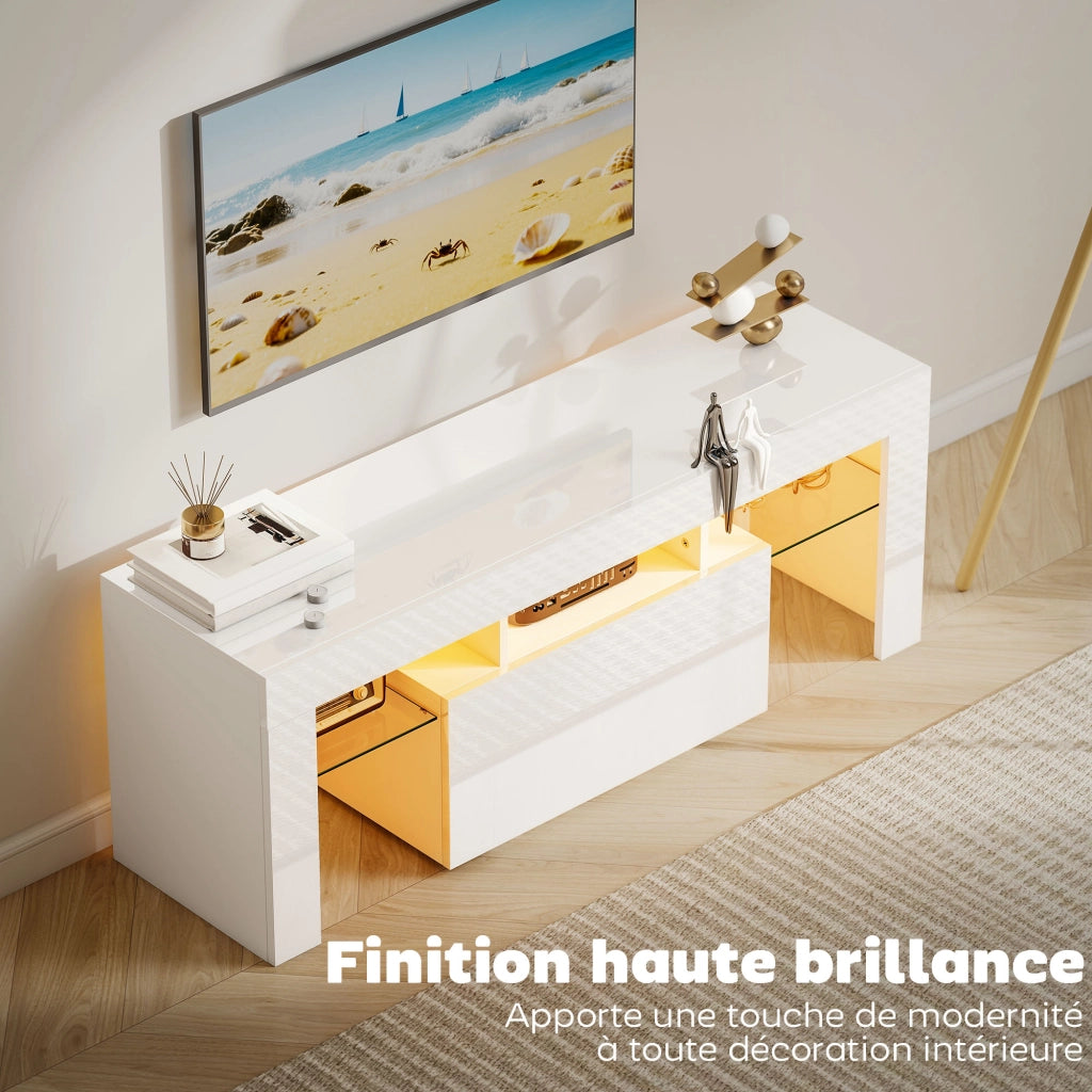Mobile TV con illuminazione LED, ripiani in vetro temperato, bianco ¨C zephmum ¨C 120x34x45