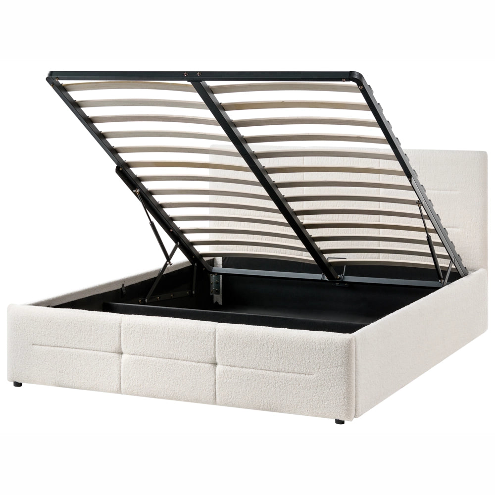 Letto ottomano bianco sporco bouclé 140x200 cm con testiera sollevabile e base a doghe Design moderno