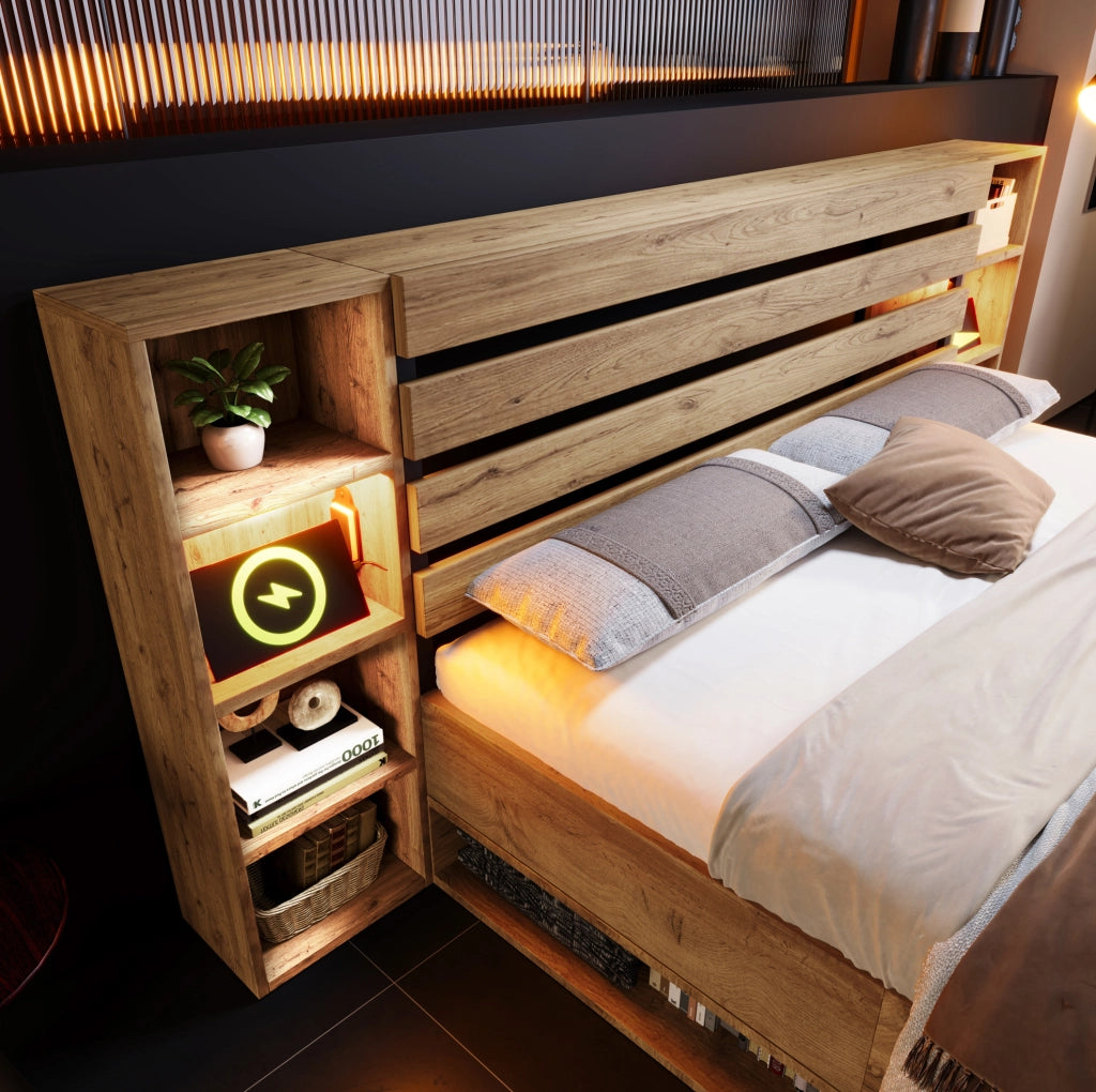 Letto matrimoniale 180x200 con testiera LED; USB e Type-C; cassetti e ripiani; rovere
