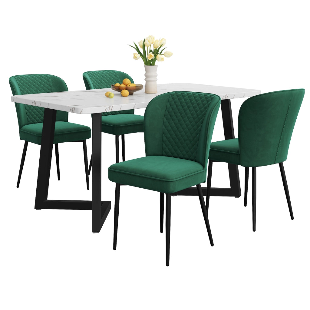 Tavolo da pranzo moderno 117 × 68 × 75 cm con 4 sedie imbottite in velluto e gambe in metallo, bianco e nero