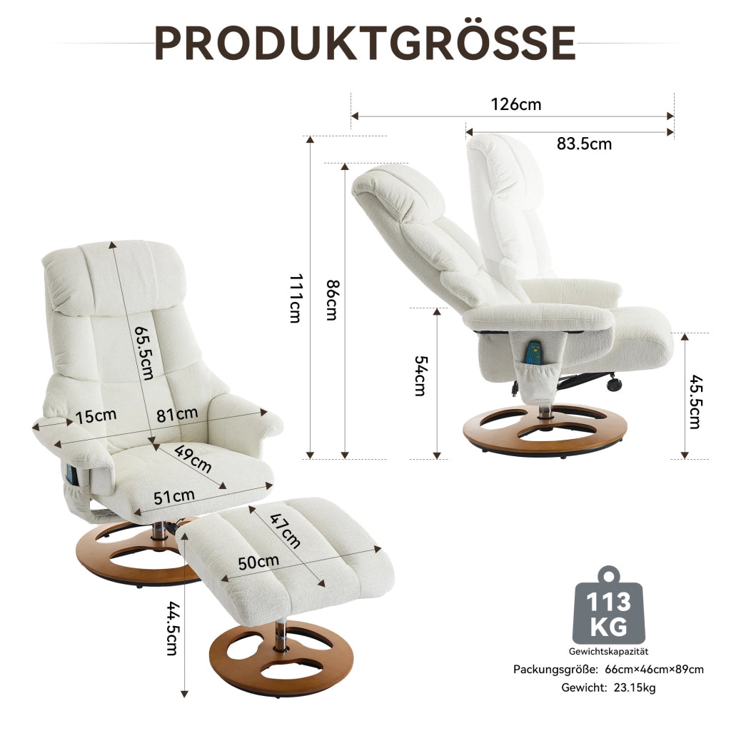 Poltrona relax girevole 360° con massaggio a 5 punti e funzione riscaldante con poggiapiedi e tasca in schiuma e chenille bianca